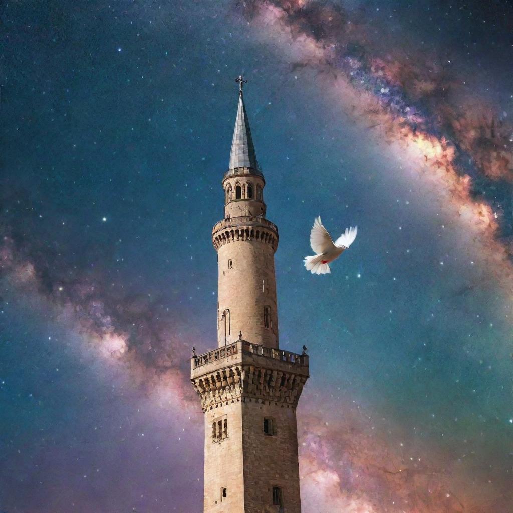 A serene dove flying high, with a grand, majestic tower projected against a vivid galaxy background