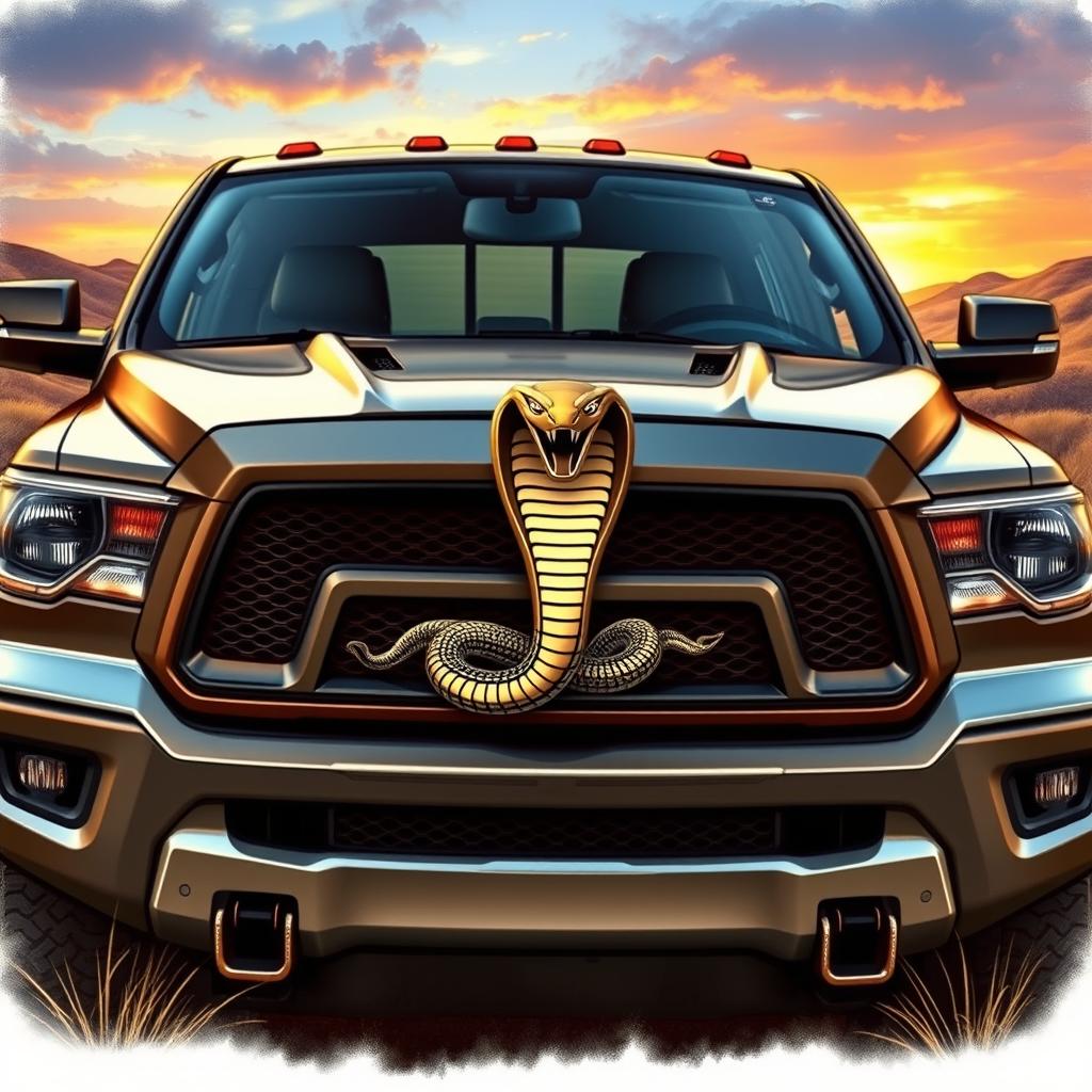 A detailed depiction of a rugged truck showcasing a prominent serpent emblem on its front grille, capturing the essence of strength and adventure