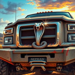 A detailed depiction of a rugged truck showcasing a prominent serpent emblem on its front grille, capturing the essence of strength and adventure