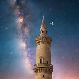 A serene dove flying high, with a grand, majestic tower projected against a vivid galaxy background