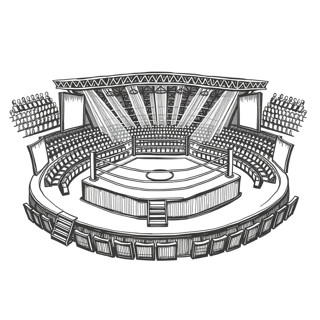 A hand-drawn black and white illustration of a fighting arena, represented with fine lines