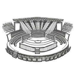 A hand-drawn black and white illustration of a fighting arena, represented with fine lines