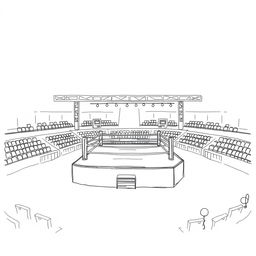 A hand-drawn black and white illustration of a fighting arena, represented with fine lines