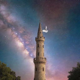 A serene dove flying high, with a grand, majestic tower projected against a vivid galaxy background