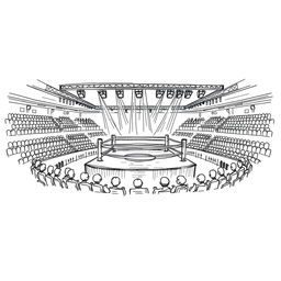 A hand-drawn black and white illustration of a fighting arena, represented with fine lines