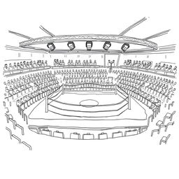 A hand-drawn black and white illustration of a fighting arena, represented with fine lines