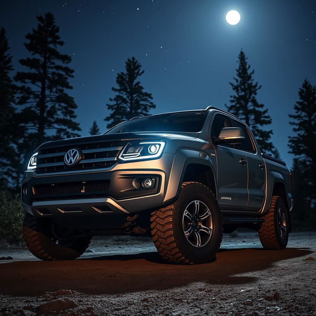 A magnificent Amarok-style truck at night, prominently displaying the Serpens emblem on its grille