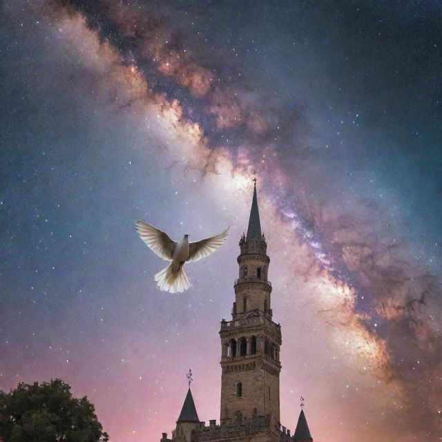 A serene dove flying high, with a grand, majestic tower projected against a vivid galaxy background