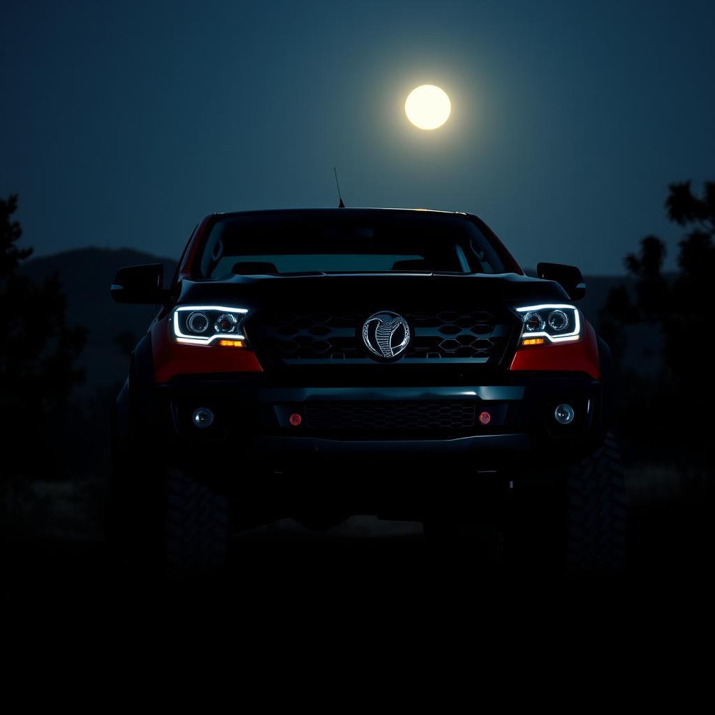 A striking Amarok-style truck at night, featuring a prominent snake emblem on its grille