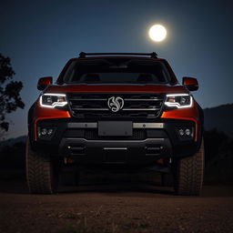 A striking Amarok-style truck at night, featuring a prominent snake emblem on its grille