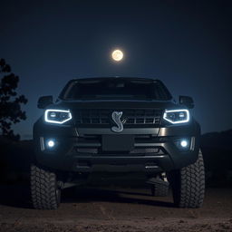 A striking Amarok-style truck at night, featuring a prominent snake emblem on its grille