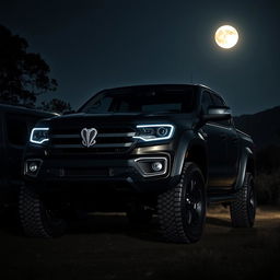 A striking Amarok-style truck at night, featuring a prominent snake emblem on its grille