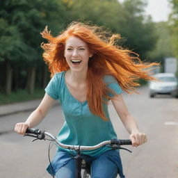 A vivacious girl with bright orange hair joyfully riding a bicycle, her hair flowing in the wind