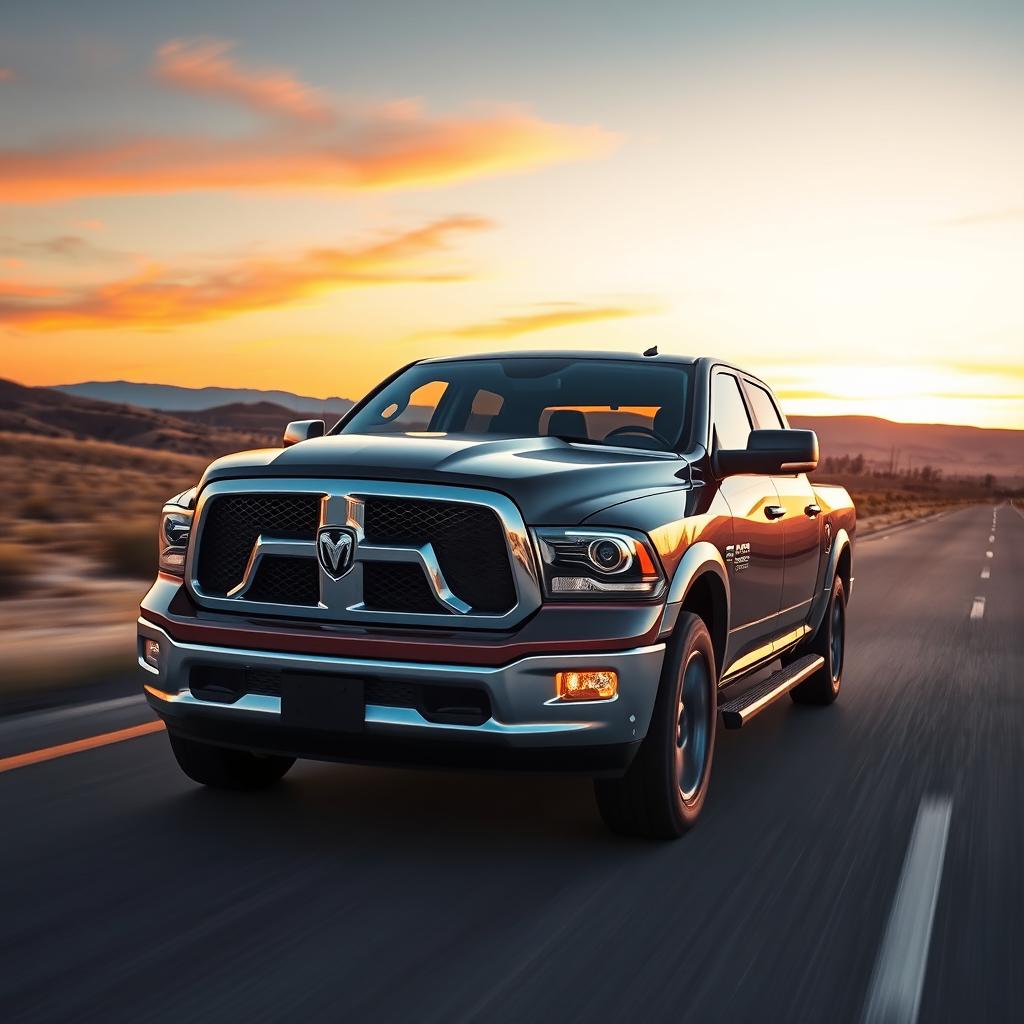 A powerful Dodge Ram-style truck on a highway, featuring a striking snake emblem prominently displayed on its grille