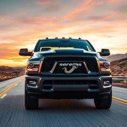 A powerful Dodge Ram-style truck on a highway, featuring a striking snake emblem prominently displayed on its grille