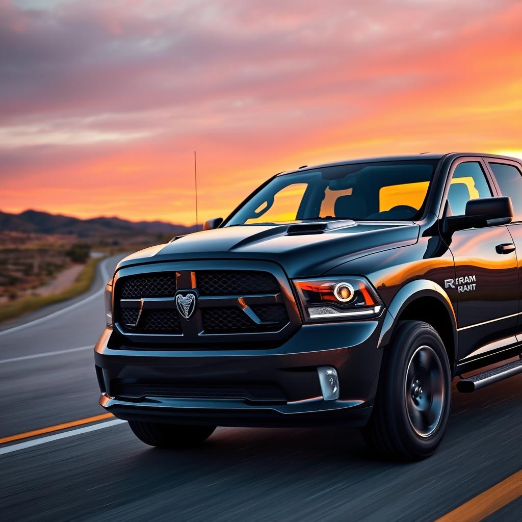 A powerful Dodge Ram-style truck on a highway, featuring a striking snake emblem prominently displayed on its grille