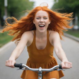 A vivacious girl with bright orange hair joyfully riding a bicycle, her hair flowing in the wind