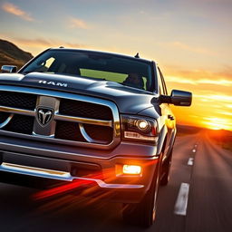 A powerful Dodge Ram-style truck on a highway, featuring a striking snake emblem prominently displayed on its grille