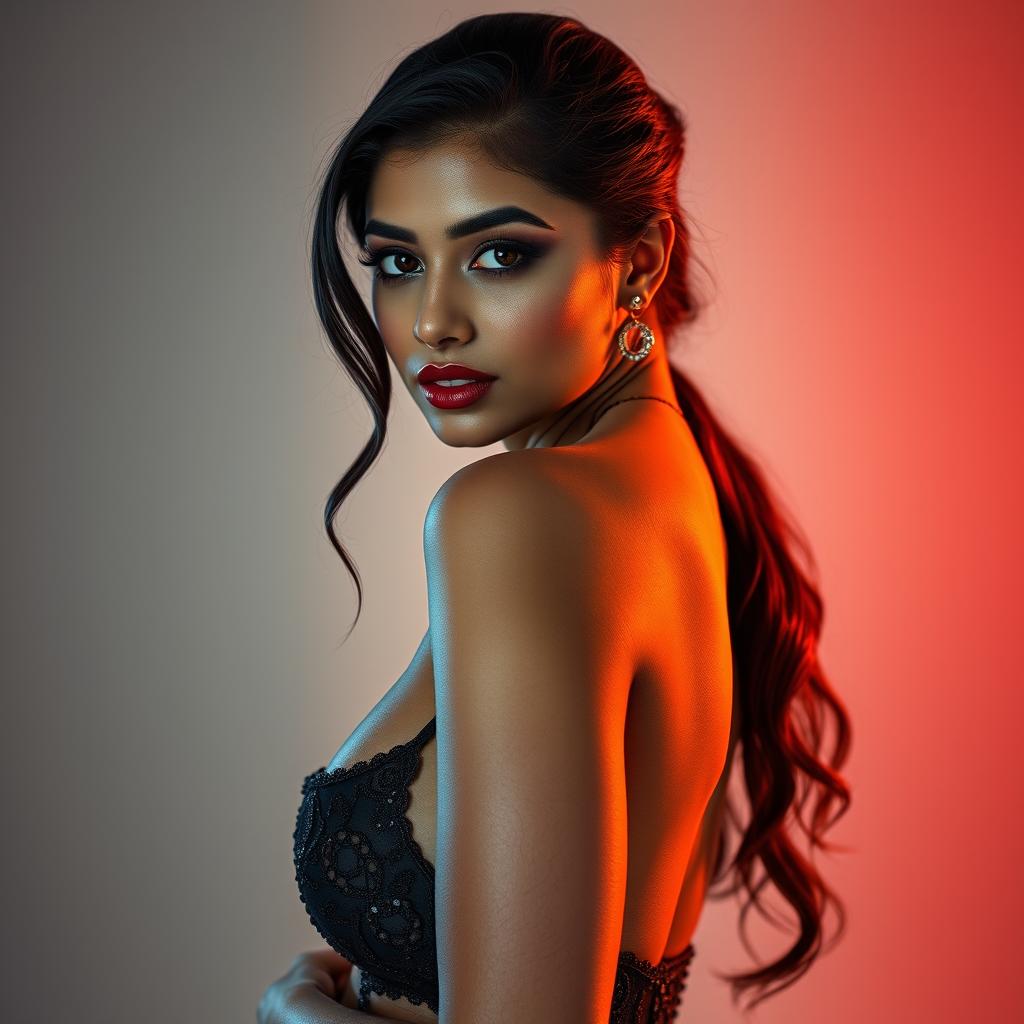 A stunning young woman of Indian origin looking confidently at the camera, standing with an elegant pose that highlights her beautiful features