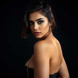 A stunning young woman of Indian origin looking confidently at the camera, standing with an elegant pose that highlights her beautiful features