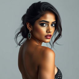 A stunning young woman of Indian origin looking confidently at the camera, standing with an elegant pose that highlights her beautiful features