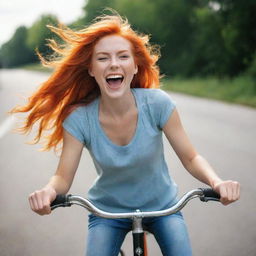 A vivacious girl with bright orange hair joyfully riding a bicycle, her hair flowing in the wind