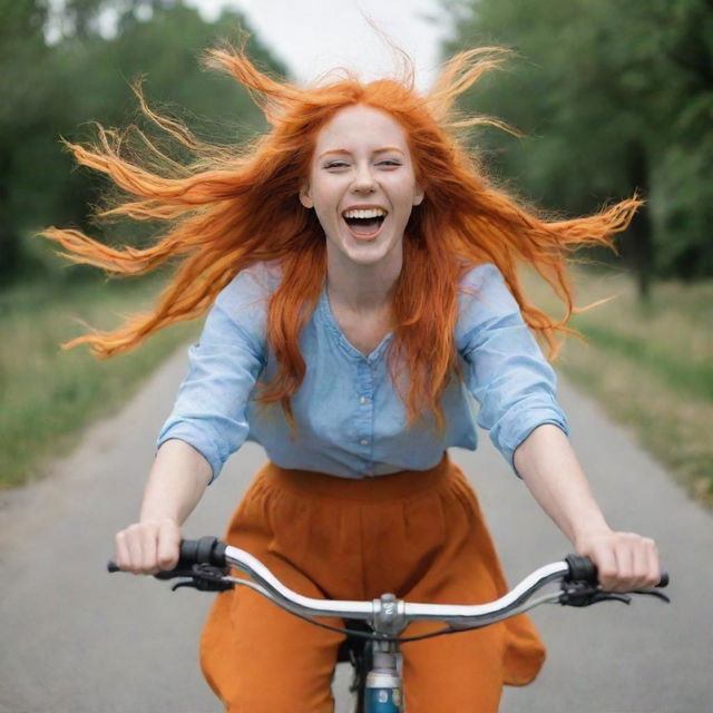 A vivacious girl with bright orange hair joyfully riding a bicycle, her hair flowing in the wind