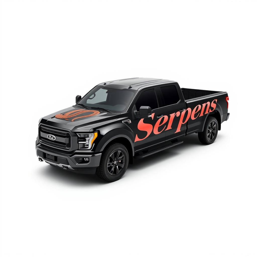 A sleek truck prominently featuring a striking snake emblem and the name 'Serpens' displayed in an elegant font