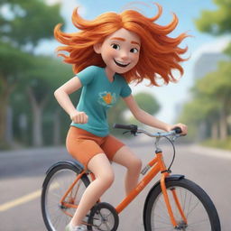 An animated cartoon girl with vibrant orange hair, a big smile, and an adventurous spirit, pedaling fast on her bicycle