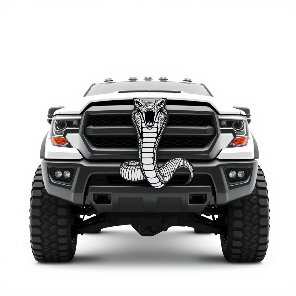 A custom-designed truck featuring a striking snake emblem on its front grille, set against a crisp white background