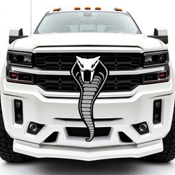 A custom-designed truck featuring a striking snake emblem on its front grille, set against a crisp white background