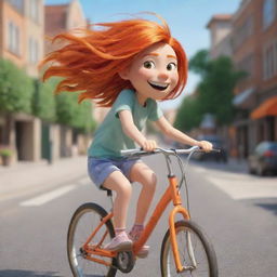 An animated cartoon girl with vibrant orange hair, a big smile, and an adventurous spirit, pedaling fast on her bicycle