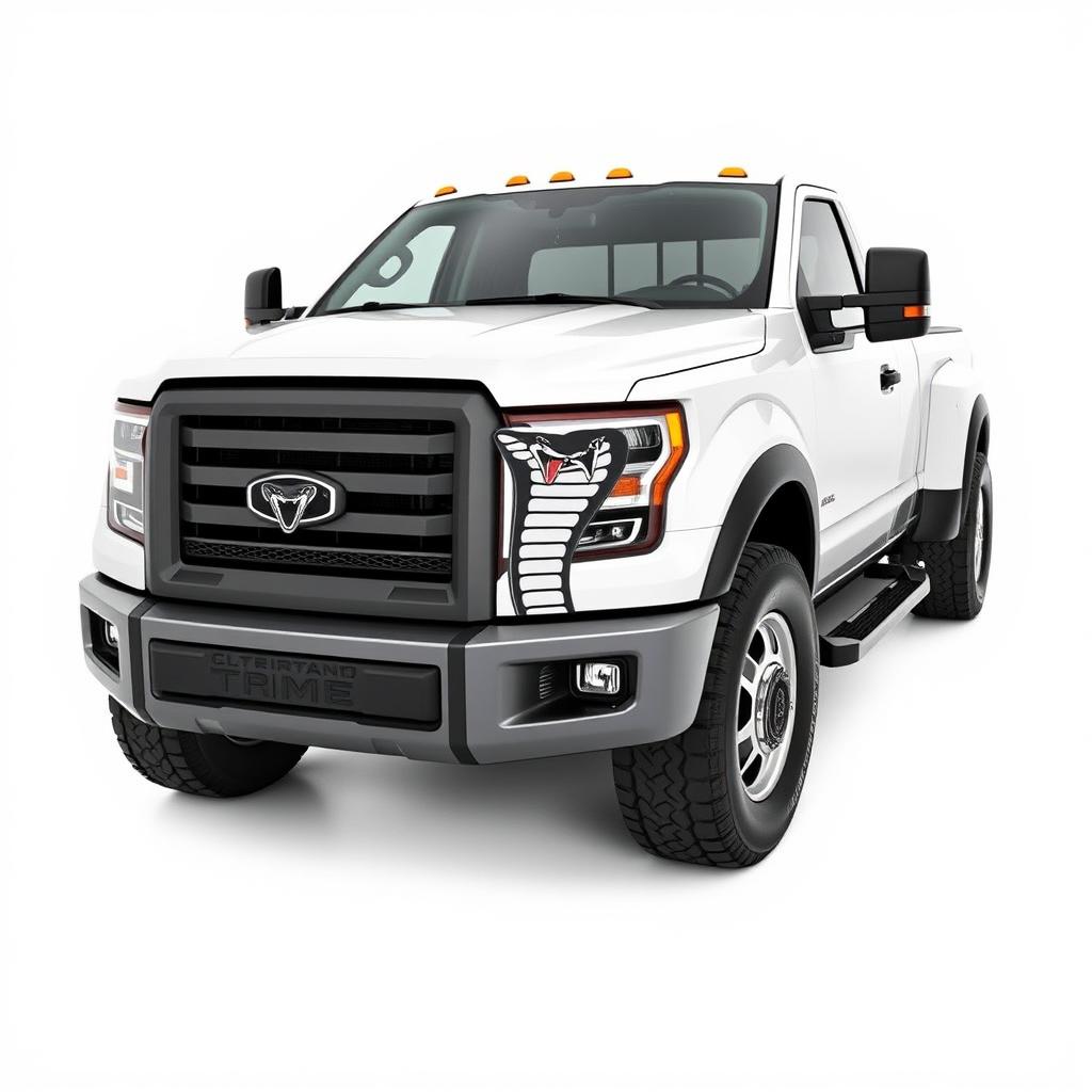 A custom-designed truck featuring a striking snake emblem on its front grille, set against a crisp white background