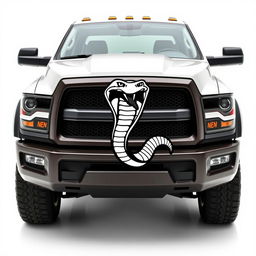 A custom-designed truck featuring a striking snake emblem on its front grille, set against a crisp white background