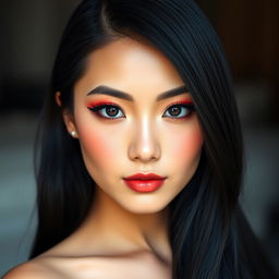 A portrait of a beautiful Asian girl with exquisite features and captivating eyes