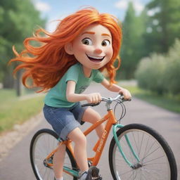 An animated cartoon girl with vibrant orange hair, a big smile, and an adventurous spirit, pedaling fast on her bicycle