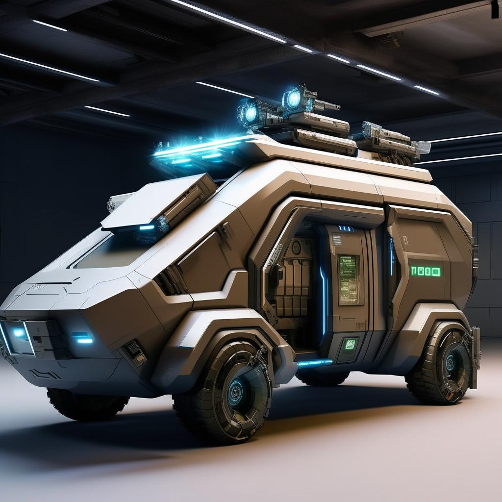 A futuristic commando's van, featuring sleek design, high-tech equipment, advanced surveillance systems, armored plating, and innovative weaponry deployment mechanisms.