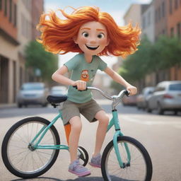 An animated cartoon girl with vibrant orange hair, a big smile, and an adventurous spirit, pedaling fast on her bicycle