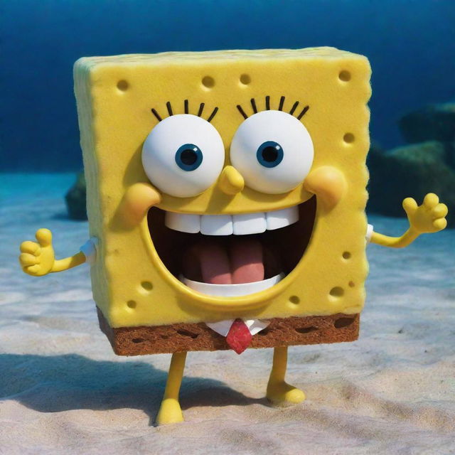 Bob Spongebob Squarepants, a joyful yellow sponge with a brown square pants and a wide, infectious grin under the sea