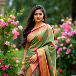 An elegant Indian woman wearing a traditional saree, gracefully draped around her body, showcasing intricate designs and vibrant colors