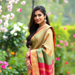 An elegant Indian woman wearing a traditional saree, gracefully draped around her body, showcasing intricate designs and vibrant colors