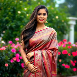 An elegant Indian woman wearing a traditional saree, gracefully draped around her body, showcasing intricate designs and vibrant colors