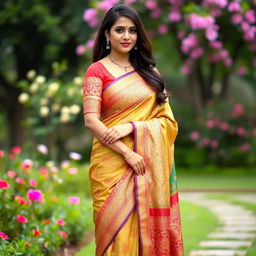 An elegant Indian woman wearing a traditional saree, gracefully draped around her body, showcasing intricate designs and vibrant colors