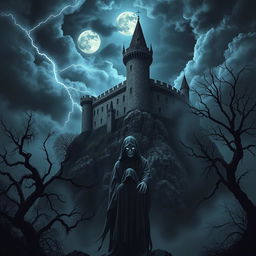 A dark and foreboding medieval castle perched atop a rocky cliff under a stormy night sky