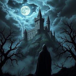 A dark and foreboding medieval castle perched atop a rocky cliff under a stormy night sky