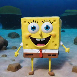 Bob Spongebob Squarepants, a joyful yellow sponge with a brown square pants and a wide, infectious grin under the sea