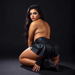 A young Indian woman in a striking gothic style, confidently posing on her hands and knees