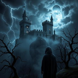 A dark and foreboding medieval castle perched atop a rocky cliff under a stormy night sky