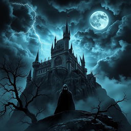 A hyper-realistic depiction of a dark and ominous medieval castle looming on a rocky cliff under a stormy sky