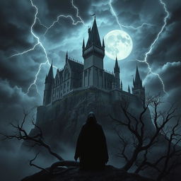 A hyper-realistic depiction of a dark and ominous medieval castle looming on a rocky cliff under a stormy sky